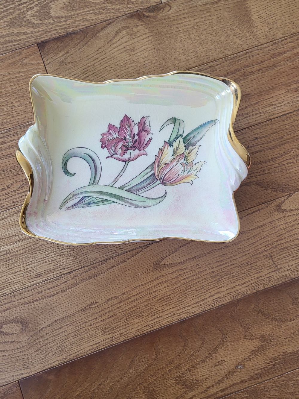 Iridescent Floral Ceramic Serving Dish with Gold Trim - White/Pink